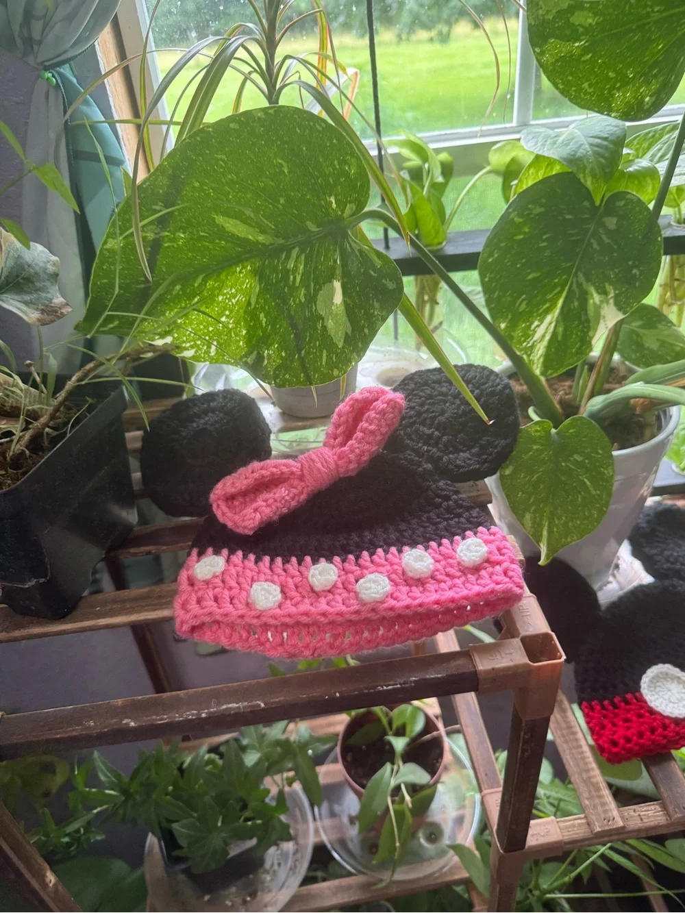 Kids Black and Pink Bow Crochet Minnie-Style Hat